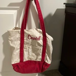 Beige/Red Tote w/ Crystal monogram on the front